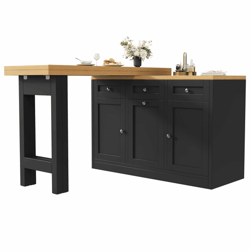 Mesa de bar extensível e dobrável com espaço de arrumação, gaveta e tabuleiro para snacks, suporte removível para cesto do lixo, design que poupa espaço para apartamentos e cozinhas pequenas - Preto