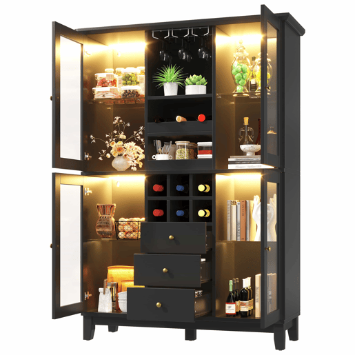 Adega 180,5 x 120 x 40 cm - iluminação LED controlada por aplicação, 3 gavetas, suporte para copos e garrafas - preto