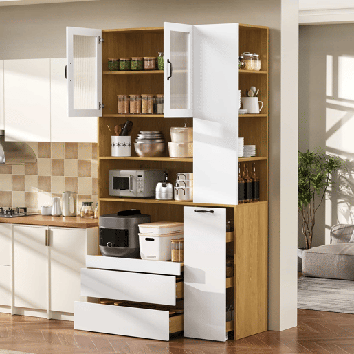 Aparador alto - sem dimensões - com prateleiras ajustáveis e gavetas, aparador com prateleiras extraíveis e vidro estriado, ideal para a sala de jantar, sala de estar e cozinha - Branco e natural