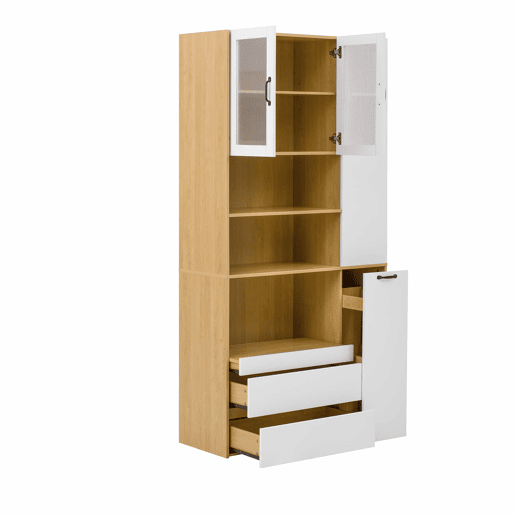 Aparador alto - sem dimensões - com prateleiras ajustáveis e gavetas, aparador com prateleiras extraíveis e vidro estriado, ideal para a sala de jantar, sala de estar e cozinha - Branco e natural