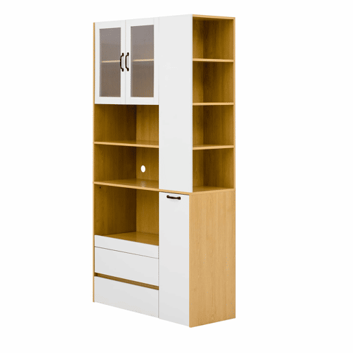 Aparador alto - sem dimensões - com prateleiras ajustáveis e gavetas, aparador com prateleiras extraíveis e vidro estriado, ideal para a sala de jantar, sala de estar e cozinha - Branco e natural