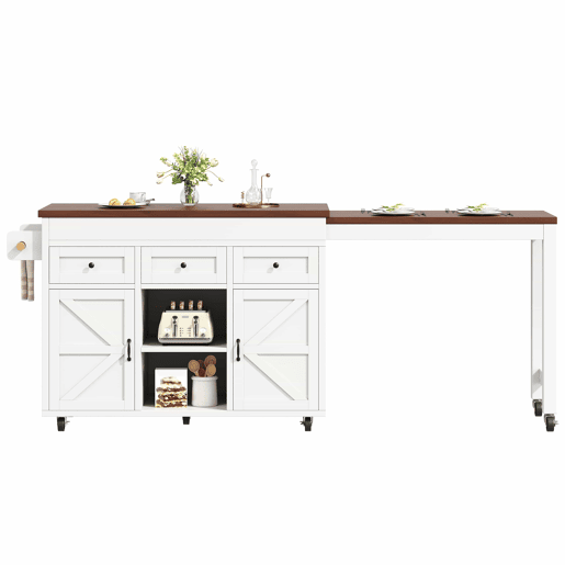 Ilha de cozinha com balcão e mesa de jantar extensível de 131,5 a 210 cm u2013 giratória a 360°, com gavetas e armários, bancada multifuncional u2013 Branco