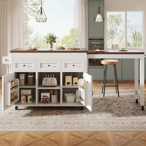Ilha de cozinha com balcão e mesa de jantar extensível de 131,5 a 210 cm u2013 giratória a 360°, com gavetas e armários, bancada multifuncional u2013 Branco