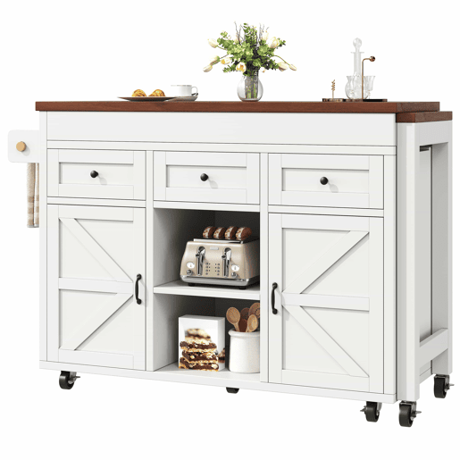 Ilha de cozinha com balcão e mesa de jantar extensível de 131,5 a 210 cm u2013 giratória a 360°, com gavetas e armários, bancada multifuncional u2013 Branco