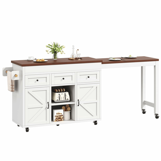 Ilha de cozinha com balcão e mesa de jantar extensível de 131,5 a 210 cm u2013 giratória a 360°, com gavetas e armários, bancada multifuncional u2013 Branco