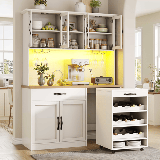 Armário de cozinha alto de 140 cm u2013 com gaveta extraível, iluminação LED, suporte para garrafas e copos de vinho, aparador para sala de estar e sala de jantar u2013 branco