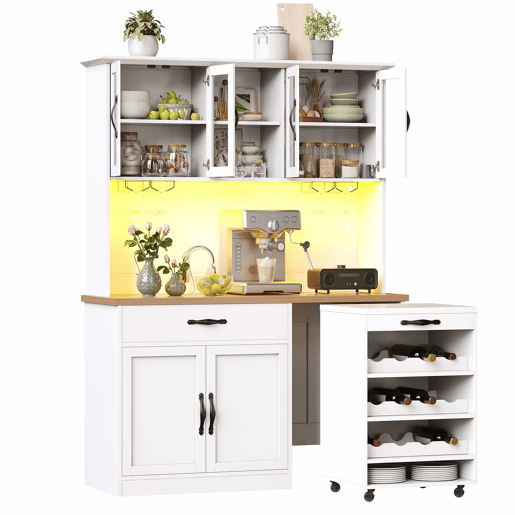 Armário de cozinha alto de 140 cm u2013 com gaveta extraível, iluminação LED, suporte para garrafas e copos de vinho, aparador para sala de estar e sala de jantar u2013 branco