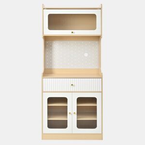 Armário alto - prateleiras ajustáveis, gavetas, iluminação LED, portas de vidro estriado, multifuncional para cozinha e sala de estar - natural e branco