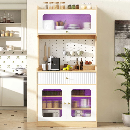 Armário alto - prateleiras ajustáveis, gavetas, iluminação LED, portas de vidro estriado, multifuncional para cozinha e sala de estar - natural e branco