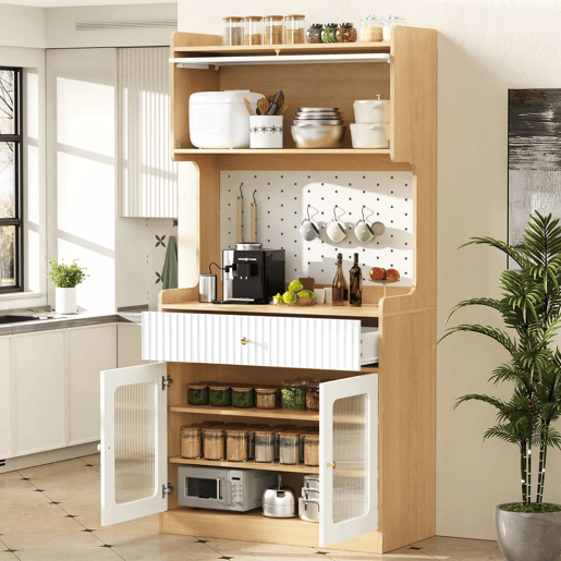 Armário alto - prateleiras ajustáveis, gavetas, iluminação LED, portas de vidro estriado, multifuncional para cozinha e sala de estar - natural e branco