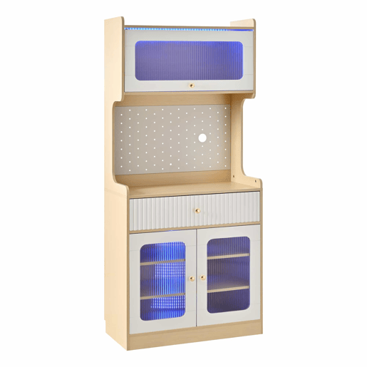 Armário alto - prateleiras ajustáveis, gavetas, iluminação LED, portas de vidro estriado, multifuncional para cozinha e sala de estar - natural e branco