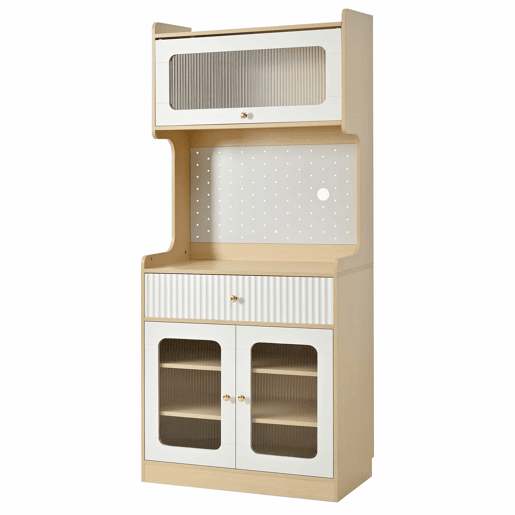 Armário alto - prateleiras ajustáveis, gavetas, iluminação LED, portas de vidro estriado, multifuncional para cozinha e sala de estar - natural e branco