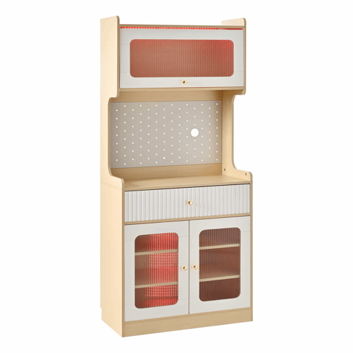Armário alto - prateleiras ajustáveis, gavetas, iluminação LED, portas de vidro estriado, multifuncional para cozinha e sala de estar - natural e branco