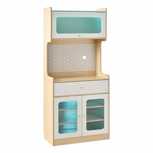 Armário alto - prateleiras ajustáveis, gavetas, iluminação LED, portas de vidro estriado, multifuncional para cozinha e sala de estar - natural e branco
