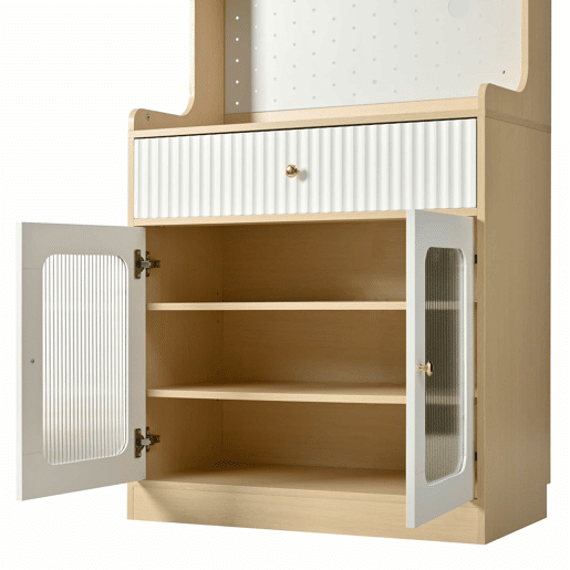 Armário alto - prateleiras ajustáveis, gavetas, iluminação LED, portas de vidro estriado, multifuncional para cozinha e sala de estar - natural e branco