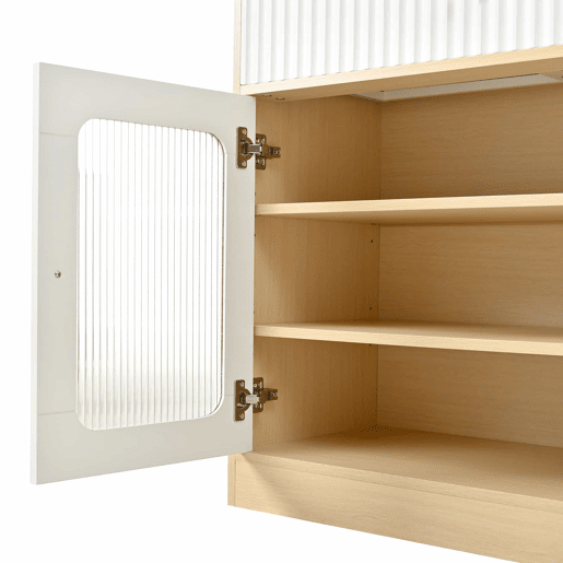 Armário alto - prateleiras ajustáveis, gavetas, iluminação LED, portas de vidro estriado, multifuncional para cozinha e sala de estar - natural e branco