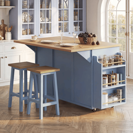 Carrinho de cozinha ergonómico sem dimensões específicas - com gavetas, porta-garrafas extraível, prateleira lateral para snacks e espaço para cesto do lixo - Azul