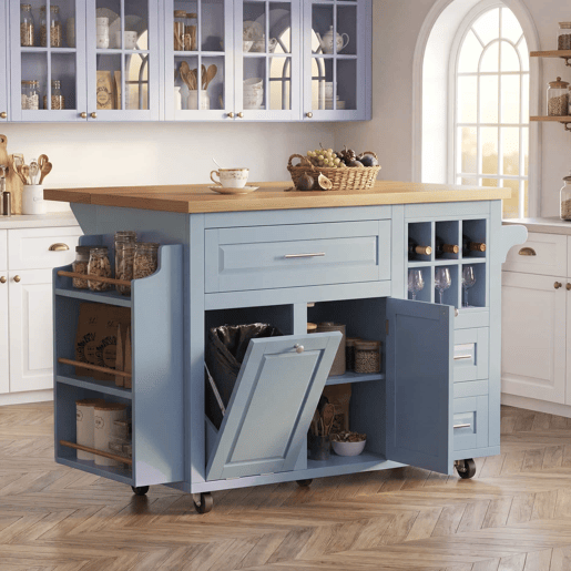 Carrinho de cozinha ergonómico sem dimensões específicas - com gavetas, porta-garrafas extraível, prateleira lateral para snacks e espaço para cesto do lixo - Azul