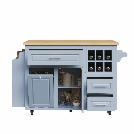 Carrinho de cozinha ergonómico sem dimensões específicas - com gavetas, porta-garrafas extraível, prateleira lateral para snacks e espaço para cesto do lixo - Azul