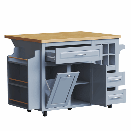 Carrinho de cozinha ergonómico sem dimensões específicas - com gavetas, porta-garrafas extraível, prateleira lateral para snacks e espaço para cesto do lixo - Azul