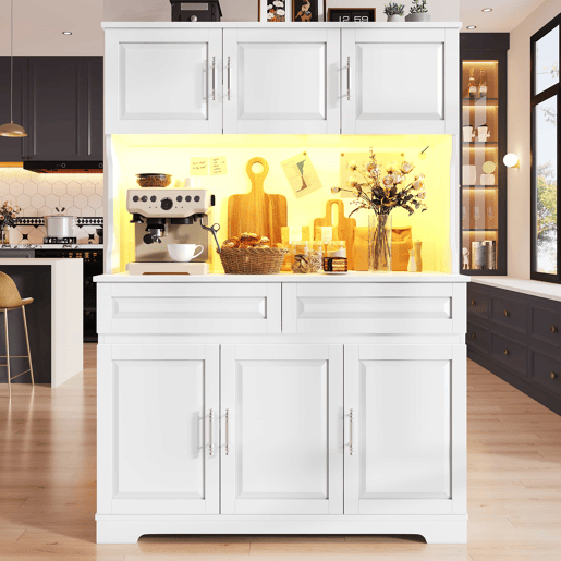 Armário de cozinha alto 108 x 40 x 180 cm - controlo por aplicação, prateleiras ajustáveis, amplo espaço de arrumação, superfície de trabalho, iluminação LED - branco