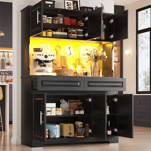 Armário de cozinha 108 x 40 x 180 cm u2013 com iluminação LED, controlo por aplicação, prateleiras ajustáveis e bancada u2013 preto