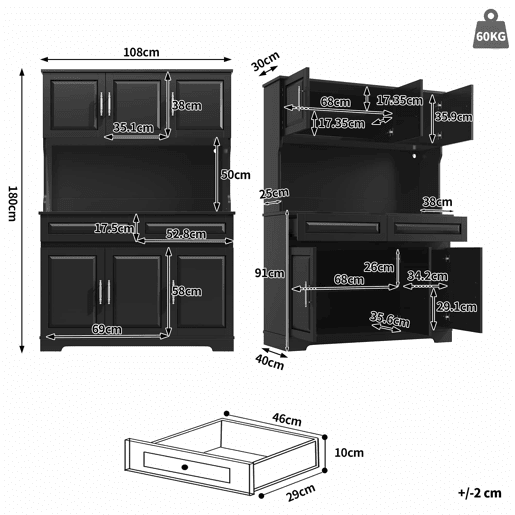 Armário de cozinha 108 x 40 x 180 cm u2013 com iluminação LED, controlo por aplicação, prateleiras ajustáveis e bancada u2013 preto