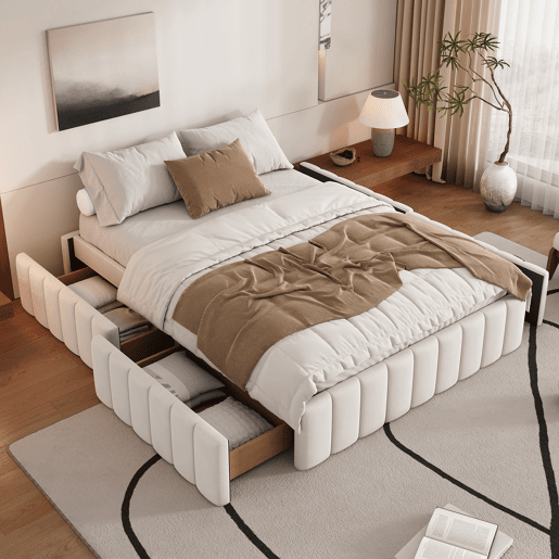 Cama estofada 140x200cm em veludo sem cabeceira - com gavetas e estrado de molas - Bege