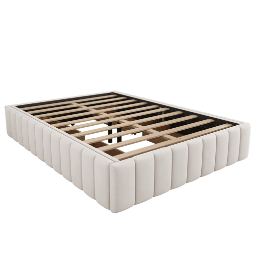 Cama estofada 140x200cm em veludo sem cabeceira - com gavetas e estrado de molas - Bege
