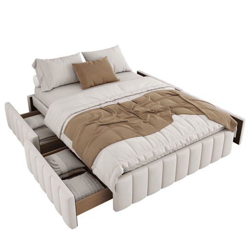 Cama estofada 140x200cm em veludo sem cabeceira - com gavetas e estrado de molas - Bege