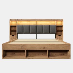 Cama de casal com dimensões de 160 x 200 cm - cabeceira estofada com iluminação LED, mesas de cabeceira com portas USB e Type-C, espaço de arrumação e gavetas extraíveis, base de madeira sem colchão - cor carvalho