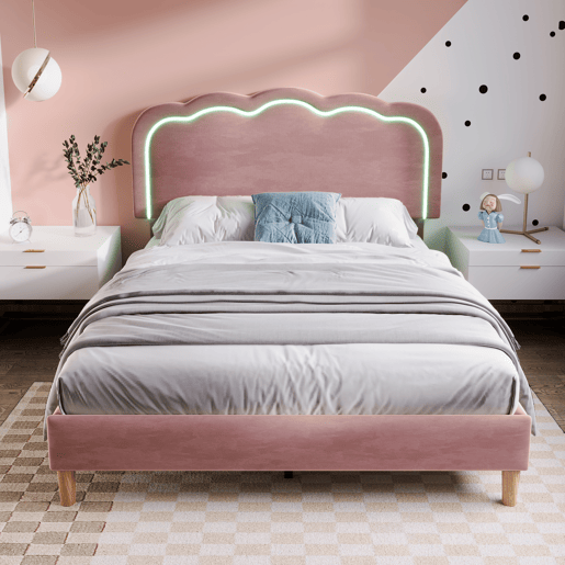 Cama estofada em veludo 140x200 cm - com LED e estrado - Rosa