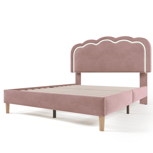 Cama estofada em veludo 140x200 cm - com LED e estrado - Rosa