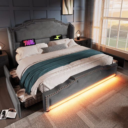 Cama Polsterbett 160x200 - Cama de casal com 4 gavetas, iluminação LED e porta de carregamento USB-C, cama com arrumação e juvenil com estrado, veludo, cinzento, com colchão