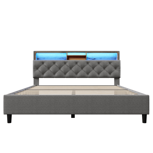 Cama de casal estofada em linho 140x200 cm com LED e espaço de arrumação - estrado de ripas - Cinzento
