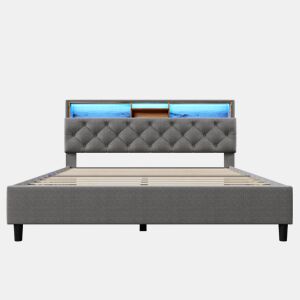 Cama de casal estofada em linho 140x200 cm com LED e espaço de arrumação - estrado de ripas - Cinzento