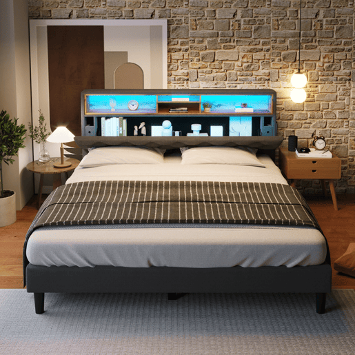 Cama de casal estofada em linho 140x200 cm com LED e espaço de arrumação - estrado de ripas - Cinzento