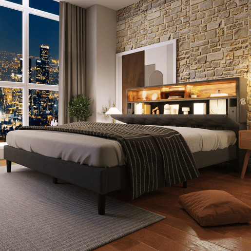 Cama de casal estofada em linho 140x200 cm com LED e espaço de arrumação - estrado de ripas - Cinzento