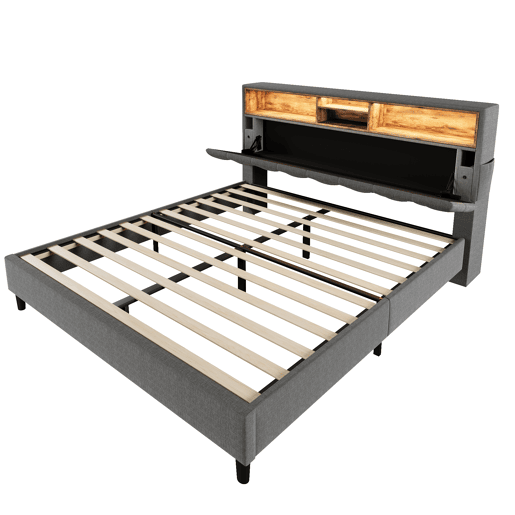Cama de casal estofada em linho 140x200 cm com LED e espaço de arrumação - estrado de ripas - Cinzento