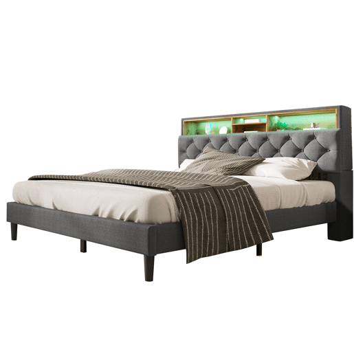 Cama de casal estofada em linho 140x200 cm com LED e espaço de arrumação - estrado de ripas - Cinzento