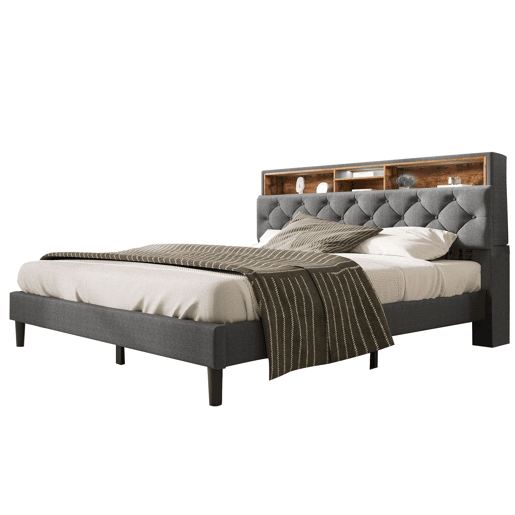 Cama de casal estofada em linho 140x200 cm com LED e espaço de arrumação - estrado de ripas - Cinzento