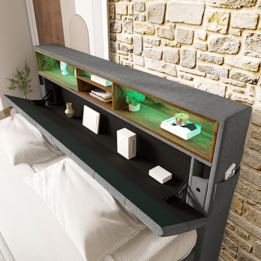 Cama de casal estofada em linho 140x200 cm com LED e espaço de arrumação - estrado de ripas - Cinzento