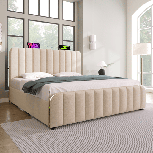 Cama de casal estofada 140x200 - Cabeceira acolchoada com tiras douradas, 4 gavetas, carregador USB Tipo-C - Bege