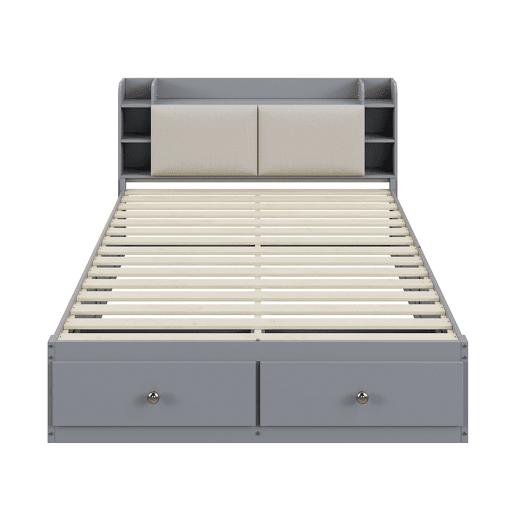 Cama combinada em madeira maciça 140x200 cm - Cabeceira com compartimento de arrumação, com gavetas, com mesa de cabeceira, com armário de arrumação, com banco sofá, cama com arrumação, cama tatami - Cinza