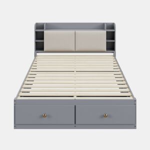 Cama combinada em madeira maciça 140x200 cm - Cabeceira com compartimento de arrumação, com gavetas, com mesa de cabeceira, com armário de arrumação, com banco sofá, cama com arrumação, cama tatami - Cinza