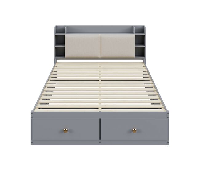 Cama combinada de madera maciza 140x200 cm - cabecero con compartimento de almacenamiento, con cajones, con mesa de noche, con armario de