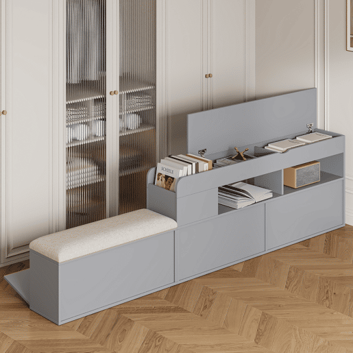 Cama combinada em madeira maciça 140x200 cm - Cabeceira com compartimento de arrumação, com gavetas, com mesa de cabeceira, com armário de arrumação, com banco sofá, cama com arrumação, cama tatami - Cinza