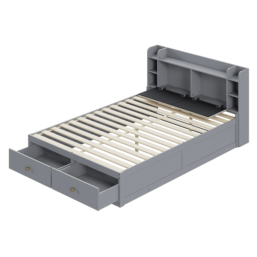 Cama combinada em madeira maciça 140x200 cm - Cabeceira com compartimento de arrumação, com gavetas, com mesa de cabeceira, com armário de arrumação, com banco sofá, cama com arrumação, cama tatami - Cinza