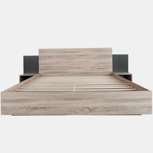 Cama de casal 160x200 cm - Com 2 mesas de cabeceira, estrutura em madeira, cor carvalho Sonomacinza escuro