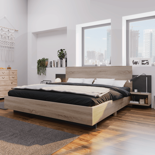 Cama de casal 160x200 cm - Com 2 mesas de cabeceira, estrutura em madeira, cor carvalho Sonomacinza escuro